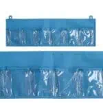 a blue pocket with plastic pockets
