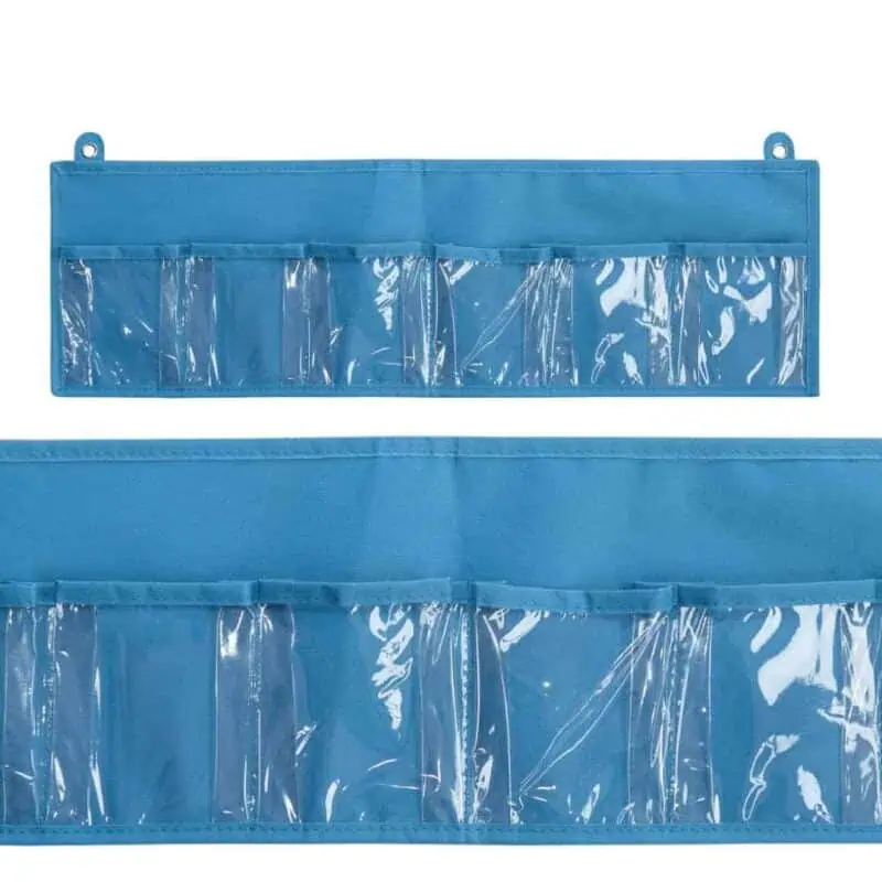 a blue pocket with plastic pockets