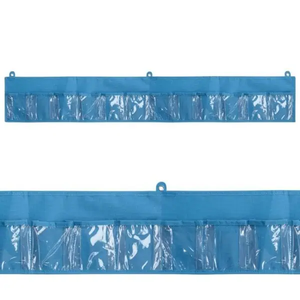 a blue bag with plastic pockets
