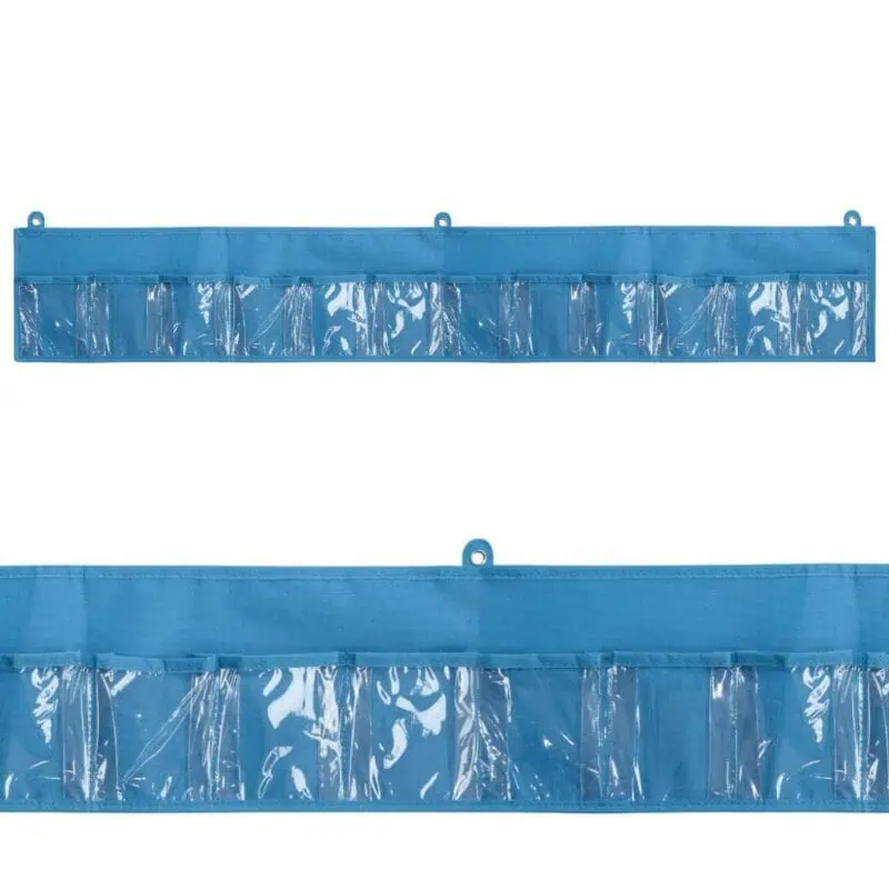 a blue bag with plastic pockets