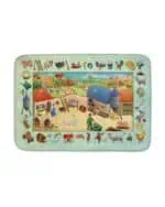 a rug with farm animals and a barn
