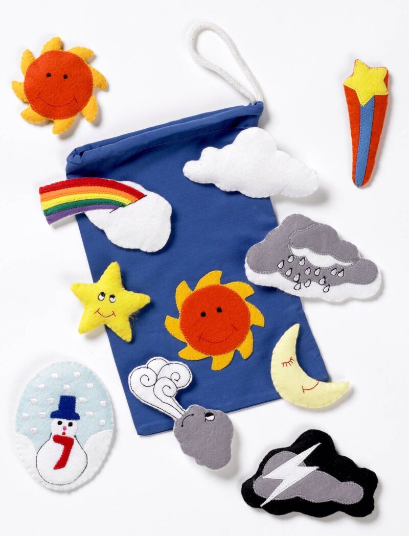 Eqd a set of felt motifs representing different weather and sky features.