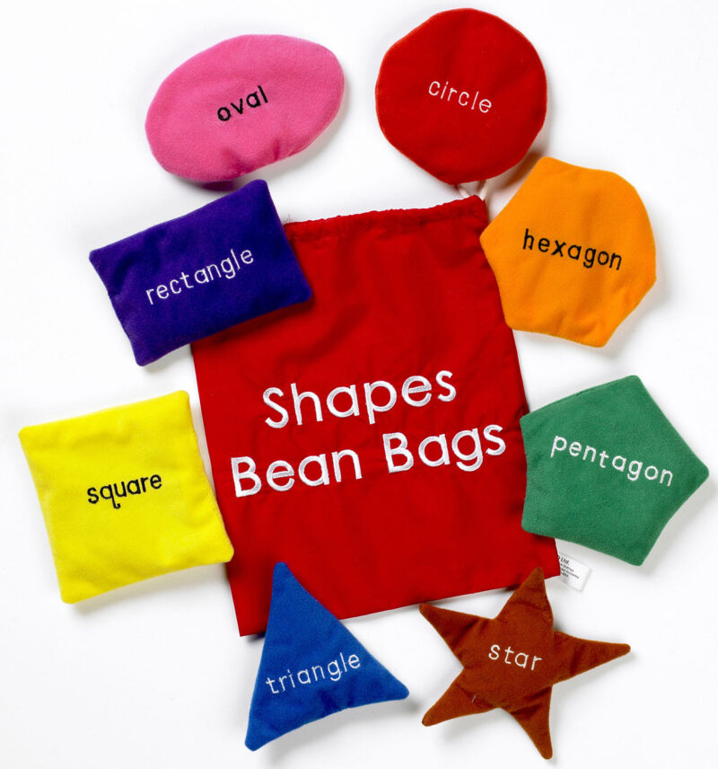 Eqd a set of 8 shapes bean bags in a cotton drawstring bag with the name of the shape stitched onto one side