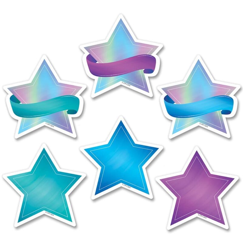 Creative teaching press these versatile mystical magical shimmering stars 3" designer cut-outs are perfect for accenting a variety of classroom displays, bulletin boards, and student projects.   also, add any content (e. G. , math facts, vocabulary words, or science concepts) to the cut-outs to make instant flash cards, learning cards or student activity cards.   36 pieces per package
6 each of 6 designs