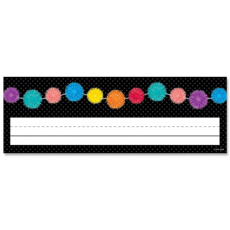 Creative teaching press these pom-poms name plates are a fun way to label student desks.   they feature a rainbow of colorful pom-poms on a solid black background.   name plates can be used to personalize cubbies, seats at the table, take-home bags, classroom cabinets, folders, and more!   these student name plates are great for use in the classroom, at a day care, at a , or at a preschool.    name plates are 9½" x 3¼"
36 name plates per package