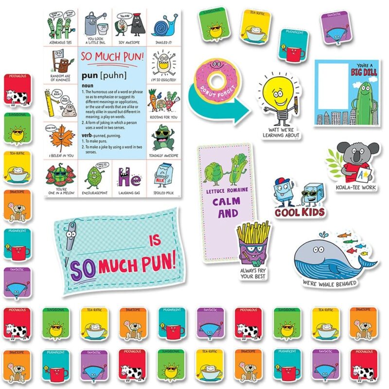 Creative teaching press this so much pun! Bulletin board is a fun and innovative way to bring humor into the classroom to feature outstanding work, motivate students, and promote positive thinking. This 46-piece bulletin board set includes:
1  "____ is so much pun!! " headline (16" x 10")
36 student pieces—moovalous, sunsational, tea-riffic, pawesome, mugnificent, and fantastic (3. 75" x 4. 5")
7 punny classroom display signs: always fry your best (5" x 8")
koala-tee work (7. 25" x 6. 5")
cool kids (7" x 5. 5")
lettuce romaine calm and _____ sign (7. 5" x 15. 25")
donut forget sign (8. 5" x 9")
we're whale behaved (11" x 8")
watt we're learning about (6" x 9") 1 "you're a big dill" photo frame (8. 5" x 8. 75")
1 "so much pun!! " chart with definition of pun and examples (17. 5" x 24")
teaching tip: use the "lettuce romaine calm and ________" sign to create a display spotlighting students' work in a particular subject.   fill in the blank with a verb (such as write or read).  so much pun! Is a décor collection that highlights the humorous use of words and phrases that are alike or nearly alike in sound but different in meaning.   the smp collection uses wordplay to bring a fun and lighthearted vibe to the classroom that students and teachers will love. Bulletin board set also includes an instructional guide with bulletin board ideas, classroom activities, and a reproducible. Coordinates with so much pun! Products.