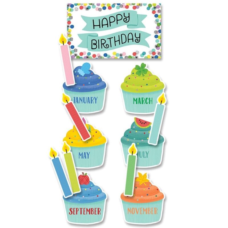 Creative teaching press nothing says happy birthday like colorful cupcakes!   celebrate class birthdays in style with this color pop birthday mini bulletin board! Multi-colored polka dots are sprinkled with whimsical doodles to create a colorful, easy design that will complement any classroom theme.   the cheerful colors and happy design make this perfect for use in any school, office, , college dorm, or senior living residence setting. This 53-piece birthday mini bulletin board includes: 12 month birthday cupcakes (5" x 5. 5")
36 birthday candles (1" x 5. 5")
"happy birthday" sign (10. 5" x 6")
"today is your day" sign (9. 75" x 5. 5")
cupcake platter (7. 25" x 4. 5")
"hooray! " sign (5. 5" x 10. 5")
photo frame (7. 75" x 5. 5" [holds 4" x 6" photo]) mini bulletin board set also includes an instructional guide with display ideas and classroom lesson activities.  