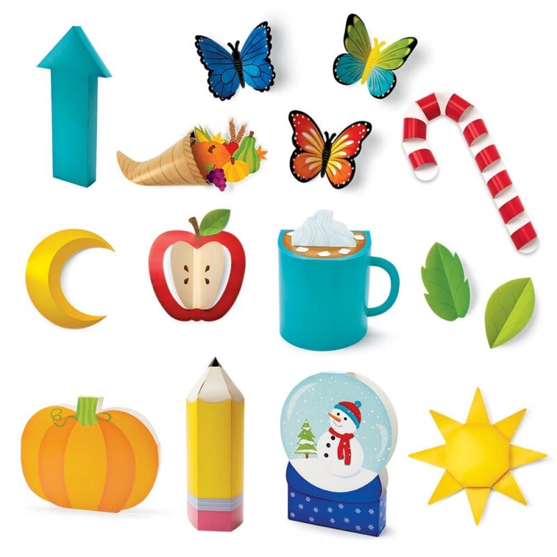 Creative teaching press bring the seasons to life with these pop it!! Year-round seasons bulletin board.   set includes pieces that quickly assemble to make 3-d seasonal decorations for fall, winter, spring, and summer, as well as holiday decorations for halloween, thanksgiving, and christmas. Includes pieces to make: a candy cane (7" w x 15. 5" h x 1. 5" d assembled)
a snowglobe (7. 25" w x 9. 75" h x 1. 75" d assembled)
a sun (16" w x 16" h x. 75" d assembled)
a cornucopia (13" w x 8" h x 3" d assembled)
a pencil (5" w x 14. 25" h x 3. 25" d assembled)
a large apple (17" w x 19. 5" h x ≈2. 5" d assembled)
4 small apples (5" w x 6" h x ≈1" d assembled)
3 butterflies (≈6. 5" w x 5" h x ≈1. 25" d assembled)
a moon (10" w x 11. 5" h x 2. 5" d assembled)
a mug of hot chocolate (9. 75" w x 10. 75" h x 5. 5" d assembled)
a pumpkin (10. 5" w x 8. 5" h x 2" d assembled)
an arrow (15. 75" w x 7. 5" h x 1. 75" d assembled)
6 leaves (≈4" w x 6" h x ≈1" d assembled) includes other miscellaneous seasonal accent pieces that are not 3-d.  
bulletin board set also includes an instructional guide with bulletin board ideas, classroom activities, and a reproducible.