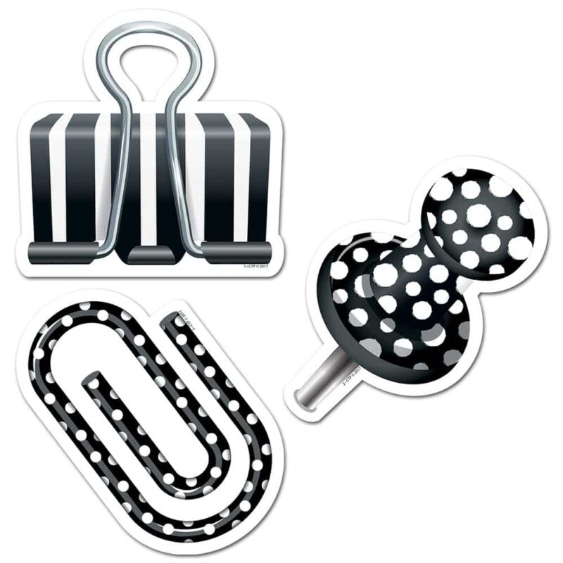 Creative teaching press this set of clip it! 10" designer cut-outs features 3 iconic school supplies with a modern design twist! Bold black and white colors are accented with stylish stripes and polka dots on these giant binder clips, push pins, and paper clips cut-outs. These modern school/office supplies cut-outs will make a cute addition to any bulletin board or display at school, the office, college dorm, , or daycare center. The large size makes these cut-outs fun to use in a large space such as a hallway, a gymnasium, or an over-sized bulletin board. 12 per package 4 each of 3 designs approximately 10"
