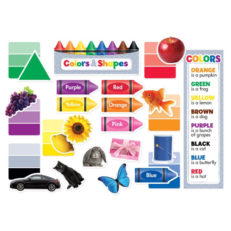 Creative teaching press teach color names, shape names, and more with the 50 pieces in this vibrant interactive set. The photographic images of everyday objects help reinforce the understanding of colors in the real world. Use the set’s paint chips for learning activities, for mini color book covers, or to teach the concepts of tints and shades. Use the pieces in a pocket chart or in a learning center to reinforce early childhood skills and support math and ela standards. Set contains 1 colors & shapes headline, 10 labeled crayons, 20 photographic images of real-world objects, 8 paint chip colors, 10 geometric shapes, 1 color poem, and a guide with activity and display ideas. Pieces range in size from 2 9/16" x 6 5/8" to 13" x 5 3/8" 50 pieces  create inspiring bulletin boards for your classroom, organize your space in style, or personalize everyday items with pieces from our bulletin board sets. For more ideas visit our creative galleries.