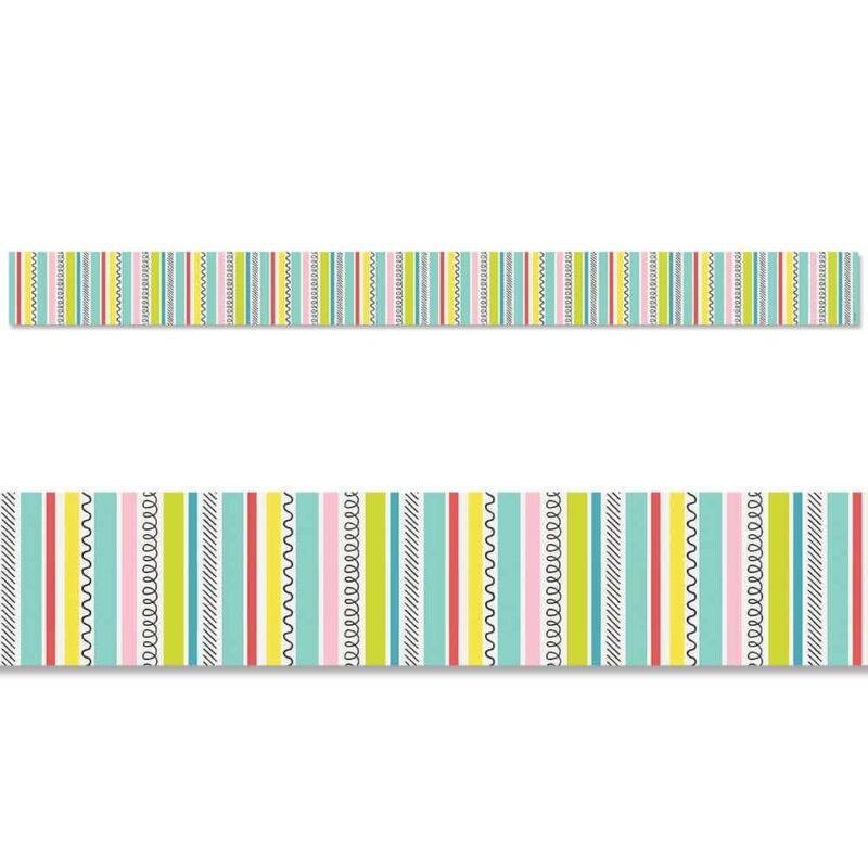 Creative teaching press create stylish bulletin boards with this colorful poppin' stripes border! The happy stripes and squiggles will look great on any bulletin board in a classroom, hallway, office, or other common area.   this delightful border will liven any school, office, , college dorm, or senior living residence setting.   35 feet per package
width: 3"