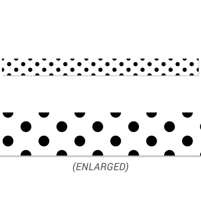 Creative teaching press simple colors and a simple pattern, this core decor black polka dots border is simply perfect for any bulletin board.   the neutral colors and charming style make it perfect to trim bulletin boards in a wide variety of classroom, office, , and school settings. This bulletin board  border can be used alone to create a basic look or layered with another border for a more designer look.   35 feet per package
width: 3"