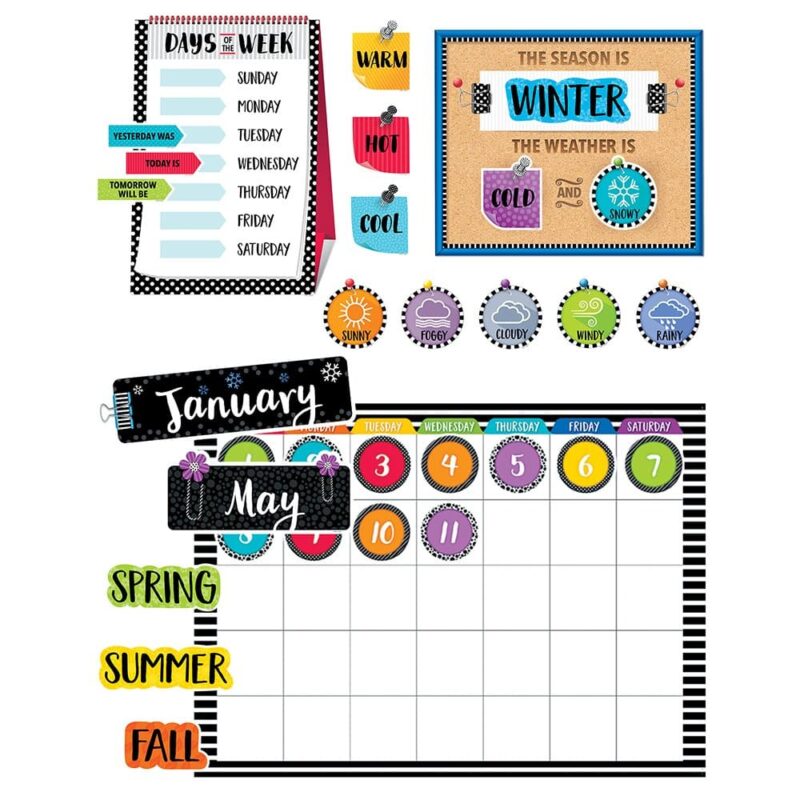 Creative teaching press the bold & bright calendar set bulletin board features bold black and white contrasted by pops of bright colors. Stripes, dots, and spots combine with playful school supply accents such as binder clips, push pins, sticky notes, and corkboard to add color and texture to this modern look. This 67-piece calendar set includes a calendar chart, 12 month headlines, 31 pre-numbered calendar days, and 4 blank calendar days. The set also includes a days-of-the-week chart, a seasons and weather chart, and coordinating labels. The bright colors and modern design make this set perfect for children and adults of all ages. The 12 month headlines feature seasonal accents: january - snowflakes february - hearts march - shamrocks april - umbrellas may - flowers june - beach balls july - flip-flops august - pencils september - apples october - pumpkins november - fall leaves december - holly leaves and berries bulletin board set also includes an instructional guide with bulletin board ideas, classroom activities, and a reproducible.