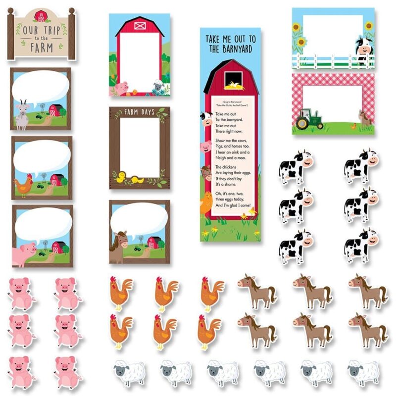 Creative teaching press go on an adventure with this farm friends our trip to the farm mini bulletin board.    young children will enjoy the fun animals in this charming set.   great for use in early childhood classrooms to welcome students back to school.   
this 40-piece farm bulletin board set includes:  an "our trip to the farm" sign (4. 5"w x 12. 75"h)
four customizable farm scene cards featuring different farm animals with large speech bubbles (6"w x 6. 125"h)
red barn photo frame ( 6w"x 8"h)
"farm days" photo frame (6"w x 8"h)
two farm scene photo frames (8"w x 6"h)
a "take me out to the barnyard" poem mini-poster (6"w x 21"h)
30 student pieces (6 each of 5 designs — pig, rooster, sheep, horse, cow) (approx. 3. 5"w x 3. 5"h) mini bulletin board set also includes an instructional guide with display ideas and classroom lesson activities.  