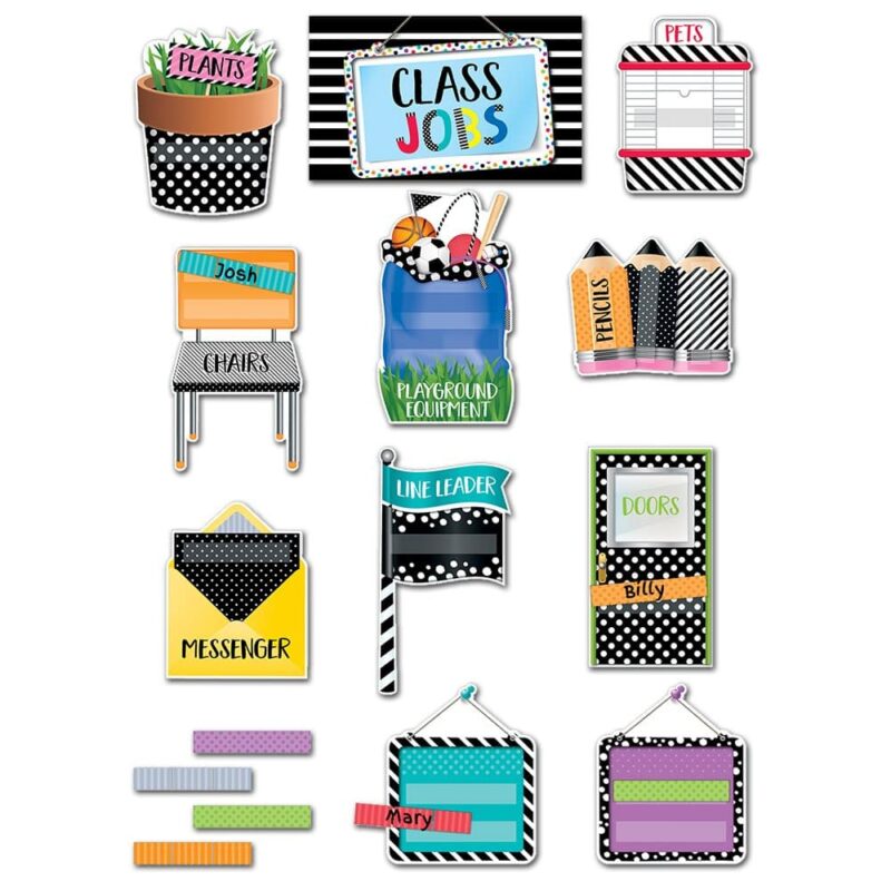 Creative teaching press this bold & bright class jobs mini bulletin board brings bold patterns and bright pops of color to your classroom jobs display. The bold & bright set features stripes, dots, and spots combined with playful school supply accents such as binder clips, push pins, and corkboard for a fun, modern look. This 46-piece set includes 10 pre-labeled job pockets (playground equipment, pencils, chairs, messenger, pets, doors, line leader, papers, supplies, plants), 3 blank job pockets, and 32 student job sticks. Pre-cut slits on job cards make attaching names a breeze. Title headline measures 10. 5ó x 6ó job cards measure approx. 5. 5ó x 7. 5ó student name pieces measure 1ó x 4. 5ó mini bulletin board set also includes an instructional guide with display ideas and classroom lesson activities.