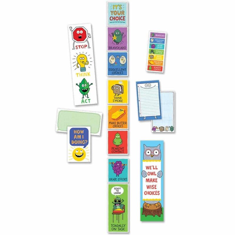 كريتف تيتشيج برس this so much pun! Behavior clip chart is a whole-class management tool that will help students keep track of their behavior throughout the day and develop personal accountability for their choices. This colorful 20-piece classroom management set contains 9 preprinted behavior clip chart pieces, 2 customizable blank behavior clip chart pieces, 1 blank label, 6 desktop behavior clip charts, and 2 motivational messages ("stop. Think. Act. " sign featuring a stoplight and a "we"ll owl make wise choices" sign).   behavior chart includes different colors to indicate each level of behavior management: purple—bravocado (avocado wearing a star, outstanding), blue—eggcellent choices (2 eggs high-fiving), turquoise—grape effort (bunch of grapes lifting weights), green—ready to learn! (frog with "toadally on task" speec bubble), yellow—think s"more (s"more), orange—make butter choices (stick of butter melting in the sun), and red—pearent contact (pear with sad face). The cute images and funny puns will help students monitor their behavior in a lighthearted way. So much pun! Is a décor collection that highlights the humorous use of words and phrases that are alike or nearly alike in sound but different in meaning. The smp collection uses wordplay to bring a fun and lighthearted vibe to the classroom that students and teachers will love. Assembled chart measures 6" x 63"additional desktop behavior clip charts (ctp 5554) are sold separately.  tip: this set is flexible to your classroom management style! Based on the needs of your class, you may wish to limit the number of choices you display or you may use the additional blank behavior chart pieces to create additional/different behavior categories. Mini bulletin board set also includes an instructional guide with display ideas and classroom lesson activities.  coordinates with so much pun! Products.  