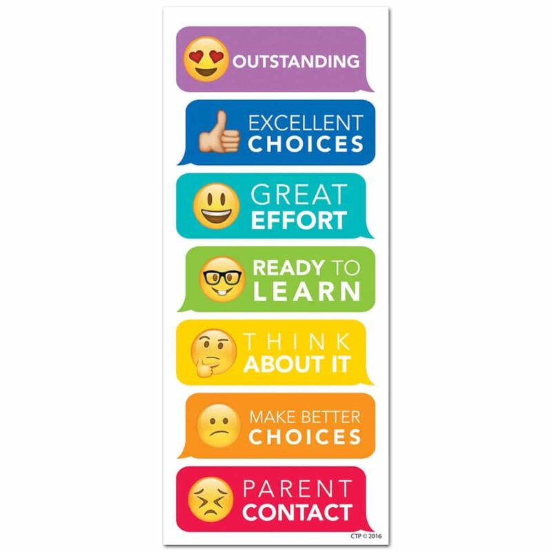 Creative teaching press this personal-sized emojis behavior clip chart is perfect for helping students monitor their behavior at their desk. This is a simple yet effective behavior management tool teachers can use to visually remind students of their behavior. Each student can use a paper clip, clothespin, or other small object (sold separately) to mark his or her progress throughout the day. The "bookmark" size (2 ½" x 7") is convenient for use at a student's desk. This behavior chart includes a different color to indicate each level of behavior management: outstanding (purple), excellent choices (blue), great effort (turquoise), ready to learn (green), think about it (yellow), make better choices (orange), and parent contact (red). Students will relate to the expressions on these emoji faces and know how they are doing. The visual faces are perfect for students with special needs as well as esl/ell students. Social media lovers will love the emoji fun collection! Sweet and silly emoji faces will bring a bit of digitally inspired fun to any classroom! Behavior chart measures 2 ½" x 7" 30 per pack can be used with ctp 0596 emoji fun behavior clip chart for whole-classroom management (sold separately).
