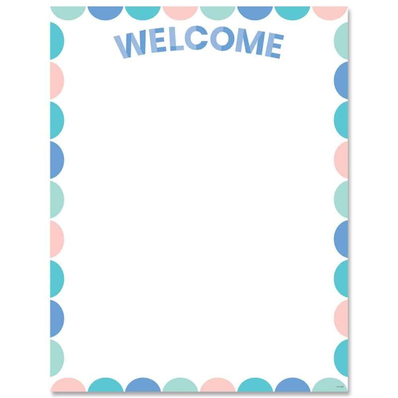 Creative teaching press this calm & cool welcome chart features fresh colors and a charming half-dot design. Use this chart to welcome students, parents, and faculty to the first day of school, back-to-school night, parent night, open house, and other special events!   or use this chart at a daycare, senior living residence, college dorm, or other school setting to welcome visitors and residents. Calm & cool is a décor collection that uses simple patterns and soft colors to evoke a feeling of calmness and soothe the senses.   the result is a comforting classroom environment that promotes concentration, cohesiveness, and contentment. Chart measures 17" x 22"
back of chart includes reproducibles and activity ideas.