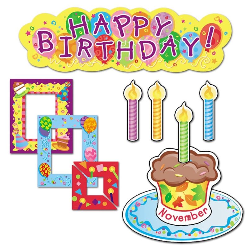 Creative teaching press includes 12 month cupcakes, 30 candles (one per student), 2 headlines, and decorative pieces to showcase special photos and class work on each child’s birthday. Pieces vary in size from 4” to 17” wide.