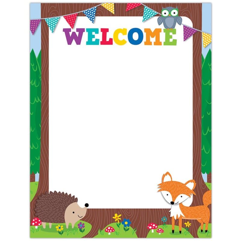 Creative teaching press on this woodland friends welcome chart, polka dotted pennants , a wise owl, and a friendly fox provide a bit of whimsy and celebration to welcome students, parents and visitors to school. The blank tree trunk area can be customized with a variety of messages including a teacher's name, classroom number, school name or other organization name (, preschool, sports team, etc. ). This woodland friends welcome chart is perfect for a variety of classroom themes and displays including camping, nature, outdoors, science, animals, and more. Chart measures 17" x 22" back of chart includes reproducibles and activity ideas to reinforce skills.