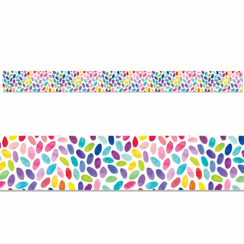 Creative teaching press playful watercolors come alive in this color drops border.   a mixture of bright colors (blue, purple, pink, red, yellow, orange, green, teal), these petal-shaped drops combine transparent colors, soft textures, and subtle dimension to create a vibrant, versatile border. Perfect for seasonal bulletin boards for spring and summer, or for bulletin boards about plants and flowers!  
bulletin board idea: create an inspirational bulletin board around stephen richard's quote "minds are like flowers; they only open when the time is right" or the pun "you're my best bud" for friendship month. 35 feet per package
width: 3"