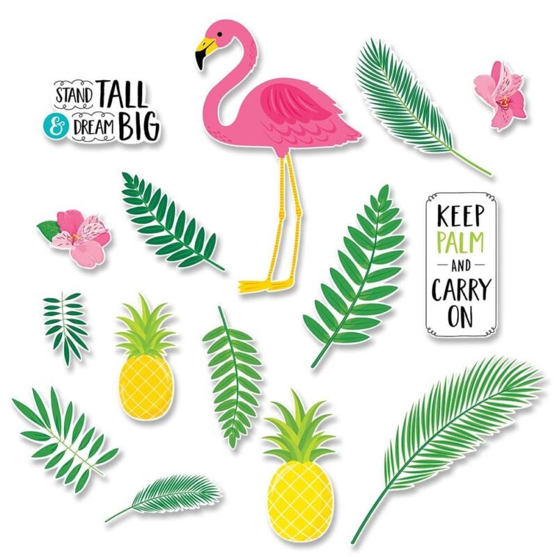 Creative teaching press leafy greens, pretty flowers, sweet pineapples, and a bright flamingo make up this flamingo fun bulletin board.   
this 15-piece bulletin board set includes: a large flamingo (≈ 15. 5" w x 24. 75" h)
2 large palm frond leaves (≈ 7. 25" w x 20" h)
4 medium palm frond leaves (≈ 5. 5" w x 13" h)
2 small palm frond leaves (≈ 4" w x 10" h)
2 tropical flowers (≈ 6. 5" w x 5. 5" h)
1 medium pineapple (≈ 7" w x 14" h)
1 small pineapple (≈ 6" w x 11. 75" h)
1 "stand tall & dream big" motivational sign (10. 75" w x 6" h)
1 "keep palm and carry on" motivational sign (6. 5" w x 13. 25" h) bulletin board set also includes an instructional guide with bulletin board ideas, classroom activities, and a reproducible.