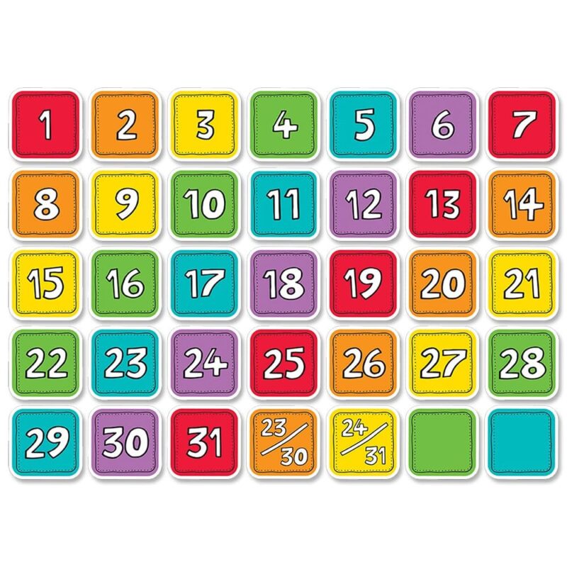 Creative teaching press these colorful calendar days are versatile to use on any calendar chart.   pack contains 31 number days (designs form an abc pattern), 2 combined number days (23/30 and 24/31) and 2 blank days for highlighting special events or holidays and recognizing birthdays. Calendar days are great for use on a classroom calendar during the daily calendar lesson or circle time. They can also be used as student numbers to label cubbies, folders, desks, and more! Size: approx. 2 3/4" x 2 3/4"
35 pieces
coordinates with so much pun! Products.