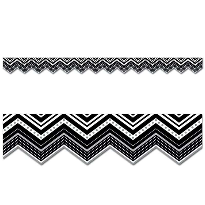 Creative teaching press add designer style to bulletin boards, doors, and common areas with this bw chevron border! This unique chevron pattern features different kinds of lines along with different types of polka dots. 2 ¾” wide 35 feet per package. Coordinates with bw collection products.