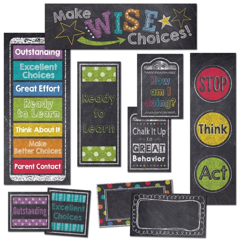 Creative teaching press help students keep track of their behavior throughout the day and develop personal accountability for their choices with this whole class management tool. This eye-catching 21-piece set contains 9 pre-printed behavior clip chart pieces, 1 customizable blank behavior clip chart piece, 3 blank labels, 6 desktop behavior clip charts, and 2 motivational messages. Behavior chart includes a different color to indicate each level of behavior management: outstanding (purple), excellent choices (turquoise), great effort (blue), ready to learn (green), think about it (yellow), make better choices (orange), parent contact (red). Assembled chart measures 6" x 63" 21 pieces