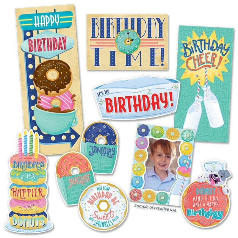 Creative teaching press who can resist these yummy-looking birthday donuts!   this mid-century mod happy birthday mini bulletin board will add an accent of fun to your classroom birthday display.   the sweet, retro-inspired color palette gives these donuts a playful look that is sure to delight students on their special day. The 20-piece mini bulletin board set includes:
1 happy birthday sign (6" x 15")
12 month donut pieces with seasonal accents  (4. 75" x 6. 5")
2 birthday donut messages  (each approx. 6" x 6")
1 donut cake sign  (5. 5" x 11. 5")
1 "birthday cheer! " sign  (6" x 12. 5")
1 "birthday time! " sign  (8. 5" x 5. 5")
1 donut photo frame  (6" x 8")
1 "it's my birthday" hat (11" x 5. 5")
mini bulletin board set also includes an instructional guide with display ideas and classroom lesson activities.  coordinates with mid-century mod products.