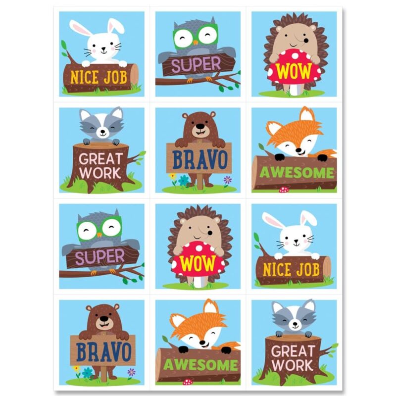 Creative teaching press recognize students for outstanding work, great effort, good behavior, and a positive attitude with these charming woodland friends rewards stickers. Students will love the friendly characters and positive sayings ("super," "nice job," "wow," "great work," "bravo," and "awesome"). Approximately 1"
60 stickers per pack
acid-free