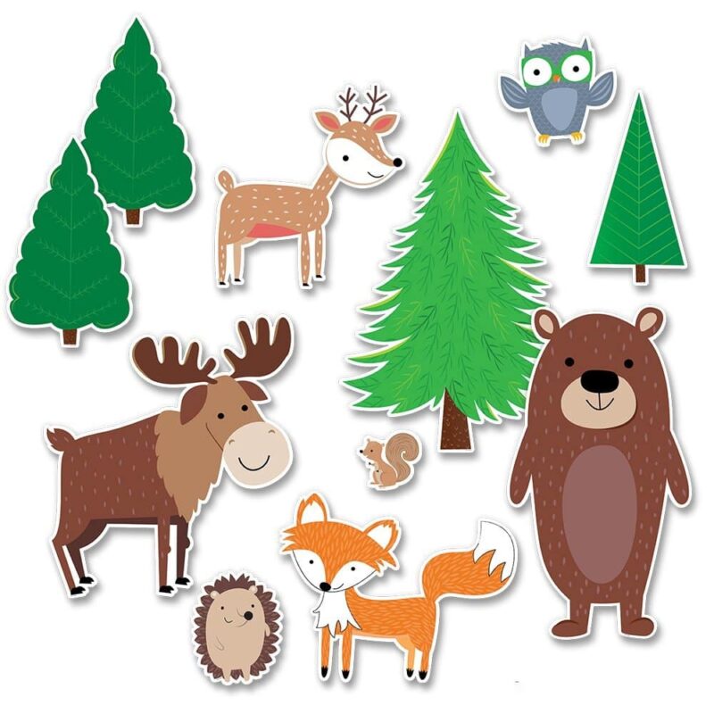 Creative teaching press the cute and furry animals in this jumbo woodland friends bulletin board will add charm to bulletin boards, doors, and any classroom space. These colorful woodland animals (owl, fox, hedgehog, squirrel, bear, moose, and raccoon) are perfect for use ina variety of classroom displays and themes: science, nature, outdoors, animals, and camping. They are also great for use at summer camps or vacation bible school. This 11-piece animal bulletin board set includes:
moose (17. 5' x 19')
fox (16. 75' x 11. 5')
owl (8. 5' x 7. 75')
hedgehog(6. 75' x 8')
squirrel (4. 5' x 4. 75')
deer (13. 75' x15')
bear (13' x 23. 5')
largetree (17' x 24. 25')
small trees (7. 25 x 13. 75', 9' x 15', and 9' x 15') see also our woodland friends 10' jumbo designer cut-outs ctp 7048 and jumbo patterned pine trees bulletin board ctp 7073.
