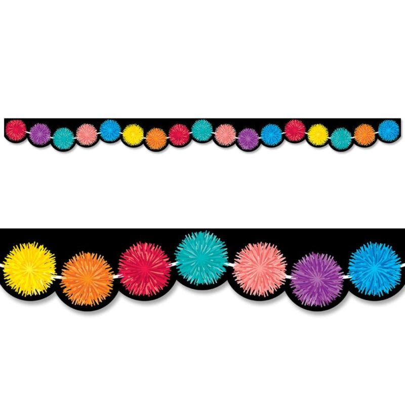 Creative teaching press this pom-poms border features a rainbow of colorful pom-poms (pink, orange, red, turquoise, yellow, blue, and purple) on a black background. The bright colors and festive design will be a fun trim on any bulletin board or classroom display. 35 feet per package width: 2¾" border idea: add style and pops of color to any bulletin board by mixing, matching, and layering our solid and patterned bulletin board borders. This simple trimmer idea will make your bulletin boards really stand out! Borders are a simple way to add colorful style and to trim any bulletin board at a school, daycare, office, , college dorm, employee break room, or senior living residence.