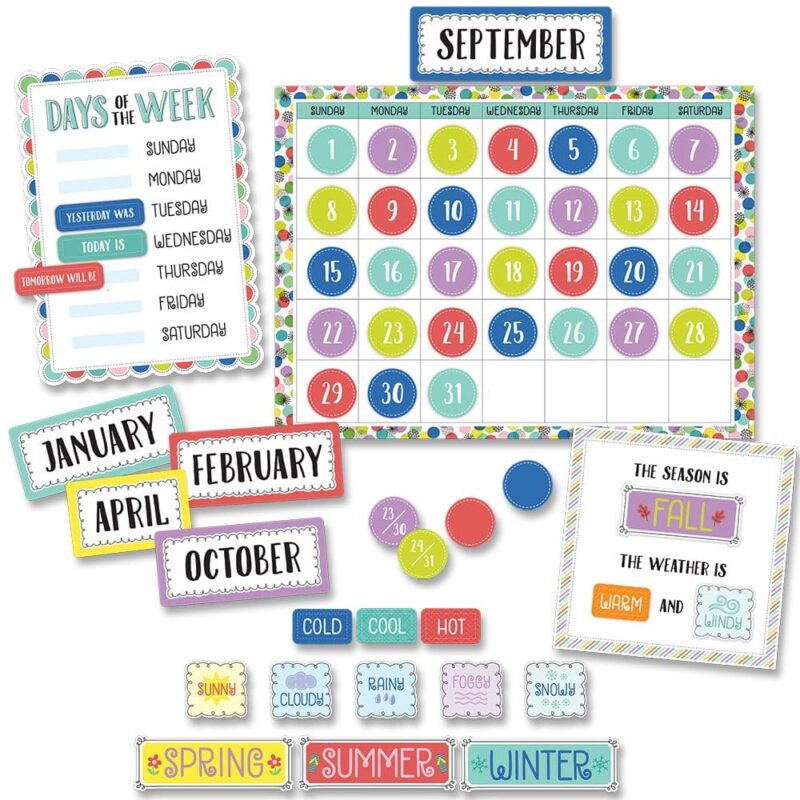 Creative teaching press pop in some color wherever you need it with this color pop calendar set bulletin board! Multi-colored polka dots are sprinkled with whimsical doodles to create a colorful, easy design that will brighten any classroom. This 67-piece classroom calendar set includes a calendar chart, 12 month headlines, 31 pre-numbered calendar days, and 4 blank calendar days. The set also includes a days-of-the-week chart, a seasons and weather chart, and coordinating labels.   the bright colors and modern design make this set perfect for children in a daycare, preschool, or elementary school.   