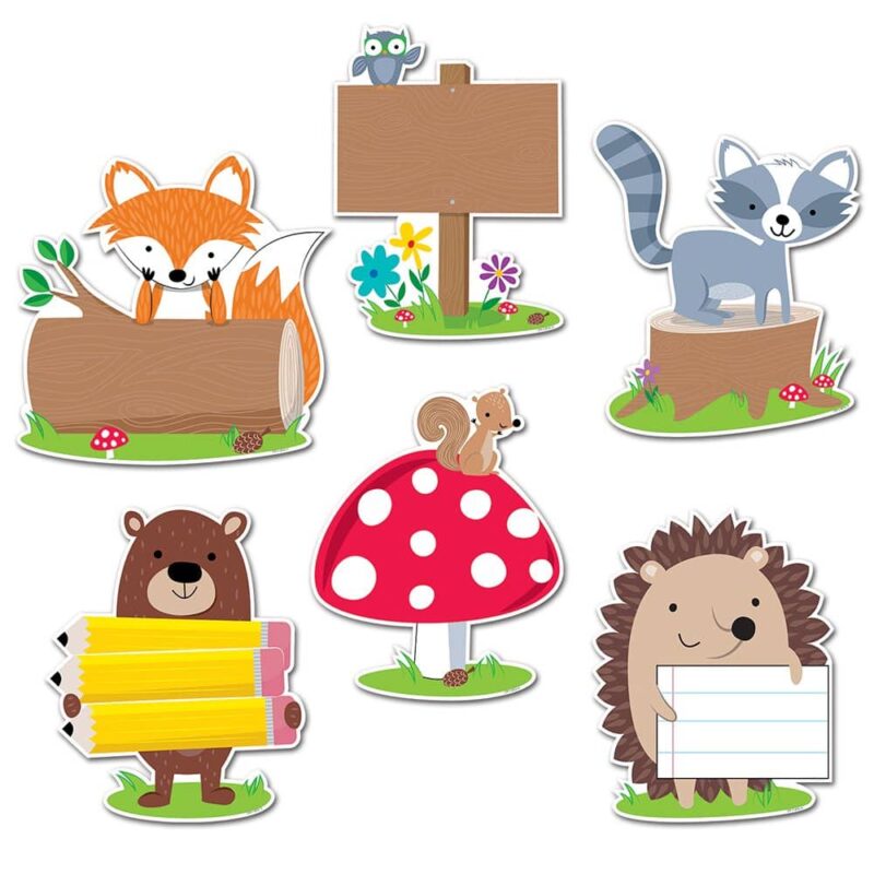 Creative teaching press these cute and furry woodland friends 10" jumbo cut-outs will add charm to bulletin boards, doors, and any classroom space. These colorful woodland animals (owl, fox, hedgehog, squirrel, bear and raccoon) are perfect for use in a variety of classroom displays and themes: science, nature, outdoors, animals, and camping. 2 each of 6 designs 12 pieces per package approximately 10"