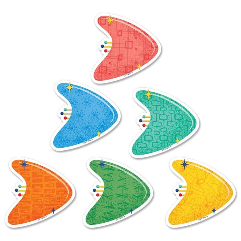 Creative teaching press these retro-inspired mid-century mod boomerangs 3" cut-outs feature the classic patterns and colors of popular mid-century design!   these geometric boomerang shaped cut-outs are perfect for accenting a variety of classroom displays, bulletin boards, and projects.   also, add any content (e. G. , math facts, vocabulary words, or science photos) to the cut-outs to make flash cards, learning cards, or other classroom activity cards. 36 pieces per package
6 each of 6 colors: red, orange, yellow, green, teal, blue
coordinates with mid-century mod products.
