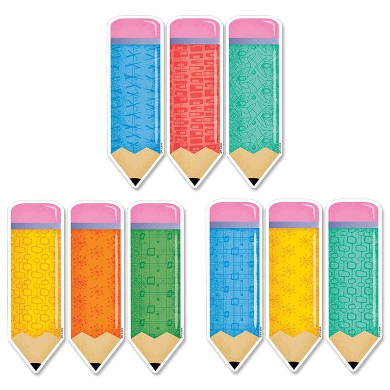 Creative teaching press these mid-century mod retro-patterned pencils 6" cut-outs feature the bold patterns and vintage-inspired color palette of mid-century mod design.   these versatile cut-outs are perfect for use all throughout the classroom and school to organize supplies, label bins, post student names on bulletin boards, and more! 108 pieces per package
12 each of 9 designs
coordinates with mid-century mod products.