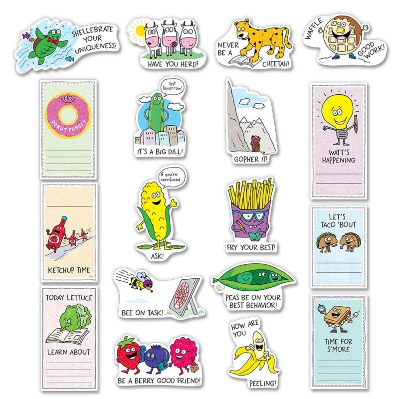 Creative teaching press let's taco 'bout the punny humor in this so much pun! Positive phrases and reminders mini bulletin board.   students and teachers will love the encouraging messages and helpful reminders that make this set so much fun.   sprinkle the pieces around the classroom for small bits of motivation or post all together on a bulletin board.   this set includes 18 punny characters with positive messages and helpful tips and reminders (horizontal pieces approx. 9" x 5. 5" and vertical pieces approx. 5. 5" x 8"): 
if you're cornfused… ask! (corn cob)
have you herd? (3 cows)
never be a cheetah! (cheetah reading a book)
waffle good work! (waffle with syrup)
bee on task! (bee diving at target)
peas be on your best behavior! (3 peas in a pod)
be a berry good friend! (strawberry, blueberry, and raspberry)
how are you peeling? (banana)
gopher it! (gopher climbing mountain)
fry your best! (french fries doing work)
it's a big dill! Test tomorrow! (pickle)
shellebrate your uniqueness! (turtle)
donut forget (customizable with blank lines)
ketchup time (customizable with blank lines)
watt's happening (light bulb)
let's taco 'bout (2 tacos)
today lettuce learn about (lettuce reading a book)
time for s'more (smore with a clock)
so much pun! Is a décor collection that highlights the humorous use of words and phrases that are alike or nearly alike in sound but different in meaning.   the smp collection uses wordplay to bring a fun and lighthearted vibe to the classroom that students and teachers will love. Mini bulletin board set also includes an instructional guide with display ideas and classroom lesson activities.  coordinates with so much pun! Products.