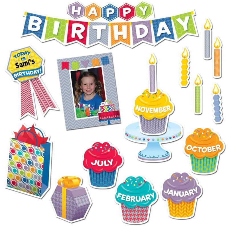 Creative teaching press celebrate birthdays with the 54 pieces in this stylish and colorful set. Use the birthday badge, photo frame, and present pieces to make the day extra special. Create a bulletin board display to highlight the birthdays in each month. Set includes: 12 month cupcakes (4 ¾? X 5 ½? ) 36 candles (1? X 4 ¾? ) 1 birthday banner (19 ¾? X 5 ¼? ) 1 cupcake stand (6 ¾? X 5? ) 1 picture frame (6? X 8 ¼? ) 1 birthday badge (4 ½? X 7 ¾? ) 1 decorative gift bag (5 ¼? X 8 ¼? ) 1 decorative package (4 ¾? X 5 ½? )