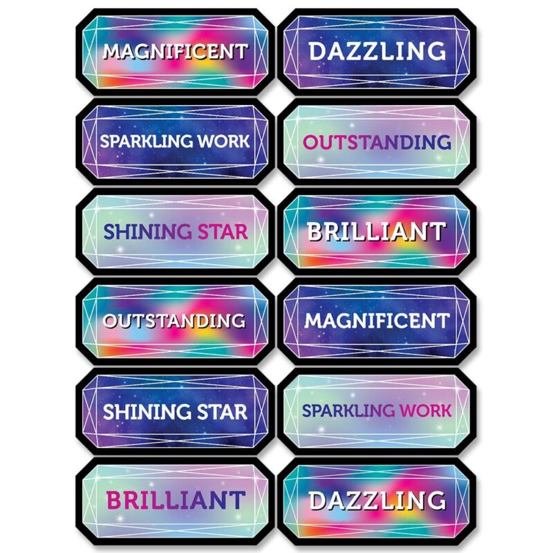 Creative teaching press recognize students for outstanding work, good behavior, and a positive attitude with these fun mystical magical reward stickers. The dreamy rainbow colors and positive sayings will encourage students to produce "sparkling work" and dazzling behavior all year long.   approximately 1" to 2"
60 stickers per pack
acid-free