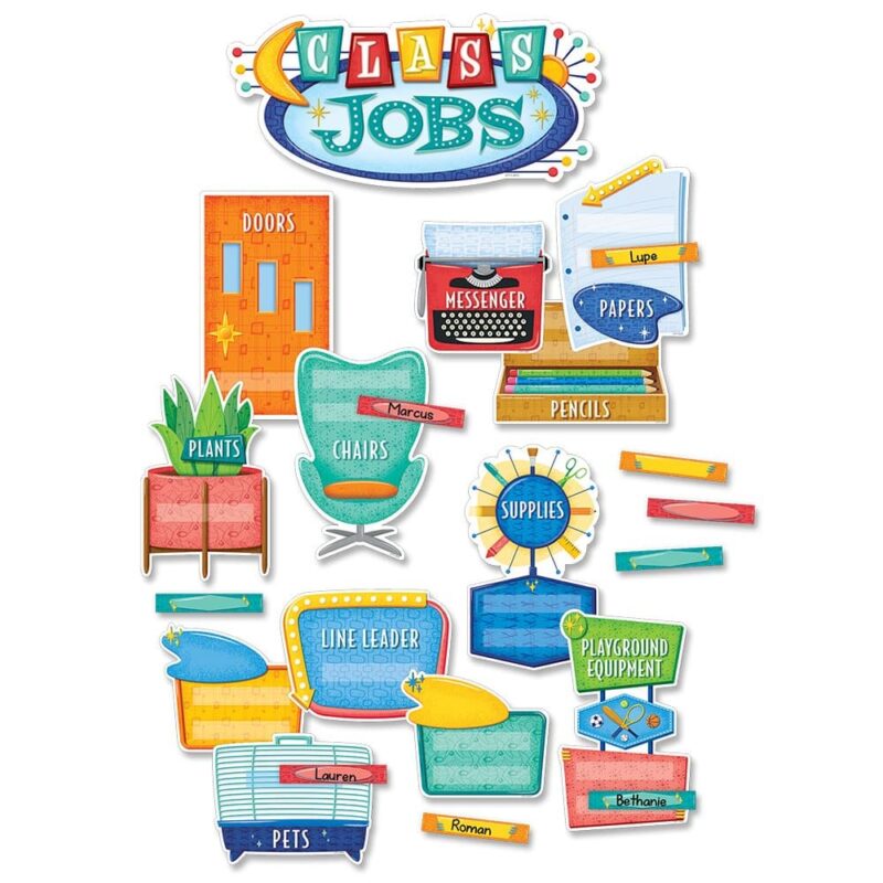 Creative teaching press this mid-century mod class jobs mini bulletin board brings a nostalgia for retro-inspired design and color to your classroom jobs display. This 49-piece set includes 10 prelabeled job pockets (playground equipment, pencils, chairs, messenger, pets, doors, line leader, papers, supplies, plants), 2 blank job pockets, and 36 student job pieces. Pre-cut slits on job cards make attaching names a breeze. Class jobs headline measures 12” x 5. 5”
job cards measure 5. 5” x 8”
student name pieces measure 5” x 1”
mini bulletin board set also includes an instructional guide with display ideas and classroom lesson activities.  coordinates with mid-century mod products.
