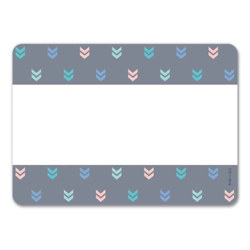 Creative teaching press simple and colorful, these calm & cool labels feature a stylish gray background with a modern mini chevron design. Use them as name tags for first day of school, field trips, open house, back-to-school night, parent visitations, class parties, and more!   these self-adhesive labels are also great for organizing around the classroom or in an office. Use them for labeling supply bins, storage containers, book libraries, binders and folders, drawers, and more. Calm & cool is a décor collection that uses simple patterns and soft colors to evoke a feeling of calmness and soothe the senses.   the result is a comforting classroom environment that promotes concentration, cohesiveness, and contentment. Self-adhesive
3½" x 2½"
36 per package