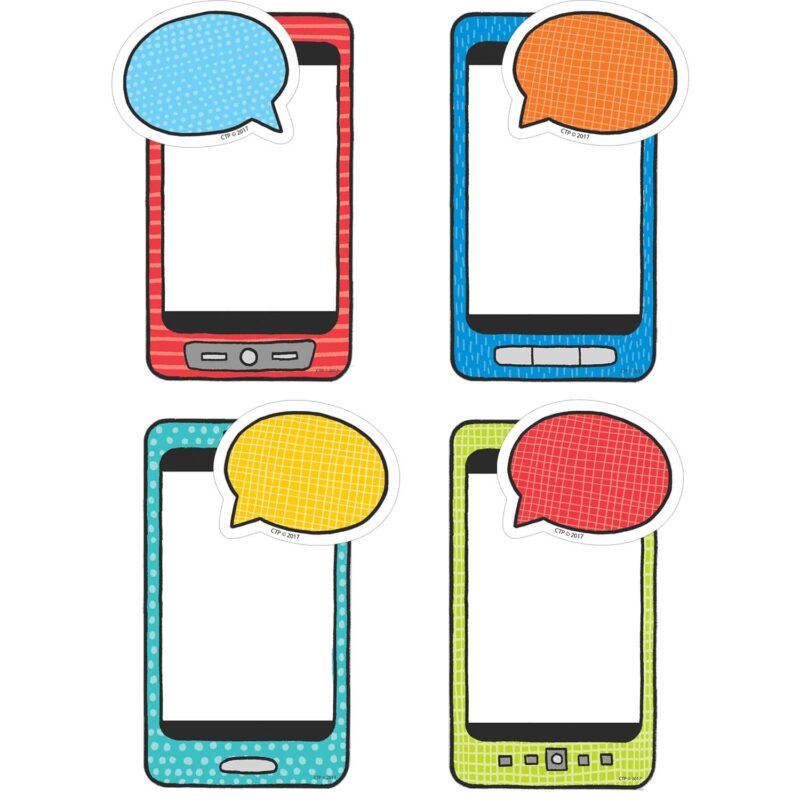 Creative teaching press these student smartphones 6" cut-outs can be used in so many ways! The colorful smartphones, speech bubbles, and thought bubbles cut-outs are great for bulletin boards, student projects, class books, or for classroom organization. Students can customize each phone cut-out with things such as: a small picture of an activity they did over the summer their favorite part of a book “all about me”-related information a drawing of themselves a positive “text” message to a friend or loved one a note about something learned in a lesson about cyber bullying or using social media the speech and thought bubbles can be used separately from the phones to accent or customize bulletin board displays, leave “comments” for classmates" displayed work, or posted on a board to communicate important messages to students and parents. 144 pieces total 6 each of 6 phone designs: turquoise, blue, yellow, orange, lime green, and red 36 student smartphones, approximately 3" x 5 ½" 108 speech and thought bubble pieces, approx. 2” x 2” coordinates with 2959 believe in your #selfie bulletin board. These cut-outs are great as accents on bulletin boards, in classrooms, in hallways, around offices, and in common areas! Use cut-outs in craft projects, to display photos and student work, or for making covers for books. Cut-outs are perfect for classroom organization, labeling book bins, cubby tags, and more!