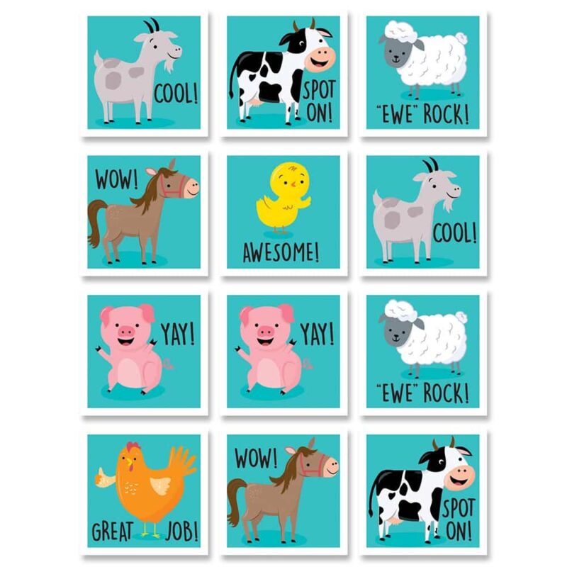 Creative teaching press reward students with these farm friends rewards stickers. Inspirational and punny sayings, such as "cool," "great job," "spot on! ," "ewe rock," "wow! ," and "awesome," are paired with charming farm animals to create motivating reward stickers that will make students feel proud of their efforts. Approximately 1" x 1"
60 stickers per pack
acid-free