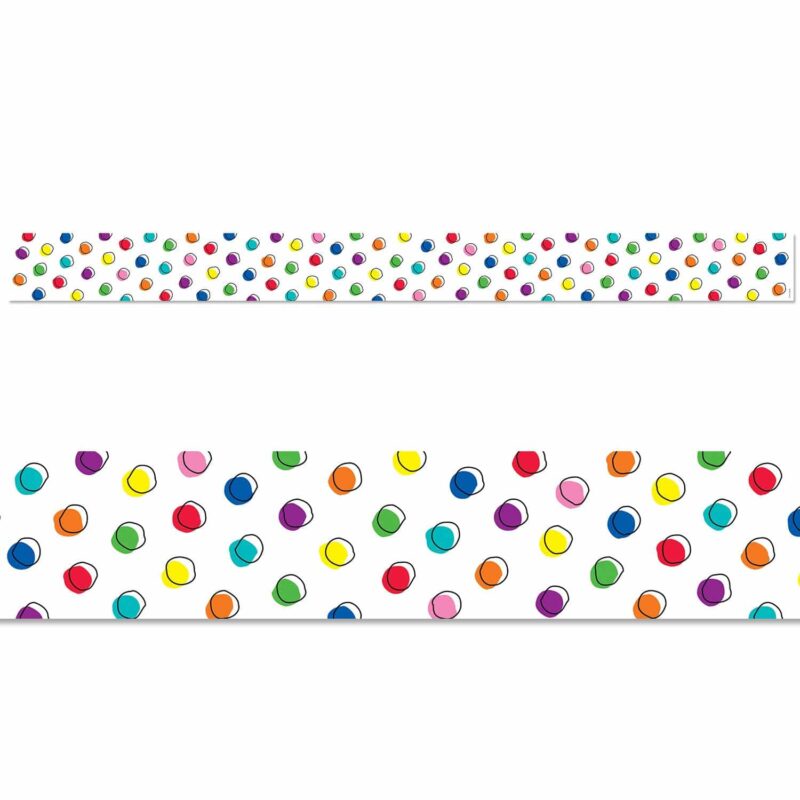 Creative teaching press this colorful doodle dots on white border features hand-drawn colored dots and black circles on a white background.   this updated version of simple polka dots will easily complement a variety of bulletin boards and themes.    the cheerful rainbow colored dots are perfect for use on seasonal displays for spring and st. Patrick's day.   35 feet per package
width: 3"