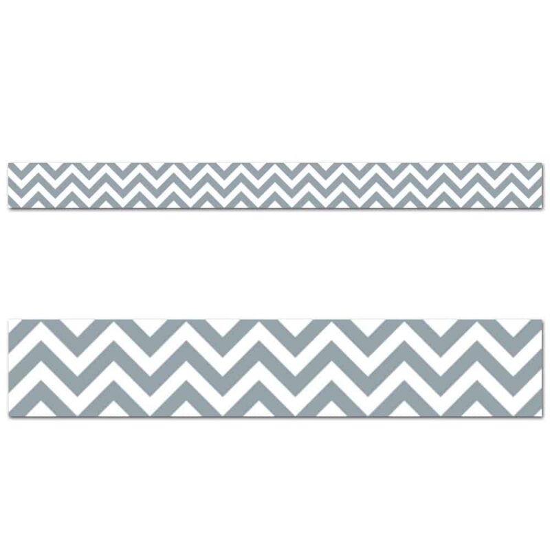 Creative teaching press get inspired with chevron! Add eye-catching flair to bulletin boards, doors, and common areas with this hot, new pattern! The classic color and modern design of this slate gray chevron border will be a stylish trim on any bulletin board or classroom display. Gray is a great accent on bulletin boards for halloween, as well as, a complement to other bright colors in seasonal and holiday displays. 3" wide 35 feet per package