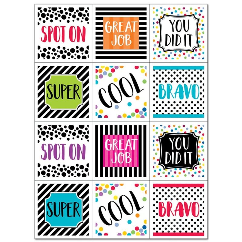 Creative teaching press reward students with these bold & bright rewards stickers. Inspirational sayings such as "spot on," "great job," "super," and "cool" are paired with colorful stripes, dots, and spots to create motivating reward stickers that will appeal to children of all ages. Approximately 1" x 1" 60 stickers acid-free