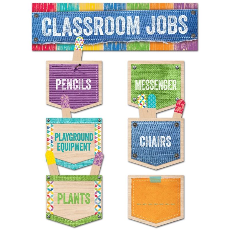 Creative teaching press this upcycle style classroom jobs mini bulletin board brings rustic whimsy and playful textures to your class jobs display. Upcycle style features realistic-looking woodgrain, colorful fabrics, paper-like textures, white stitching and metal accents on each job pocket for a charming and modern look. This 52-piece set includes 10 prelabeled job pockets (playground equipment, pencils, chairs, messenger, pets, doors, line leader, papers, supplies, plants), 5 blank job pockets, and 36 student job sticks. Title headline measures 21" x 6" job pockets measure 5¾" x 5 ⅓" student sticks measure ¾" x 5 ½"