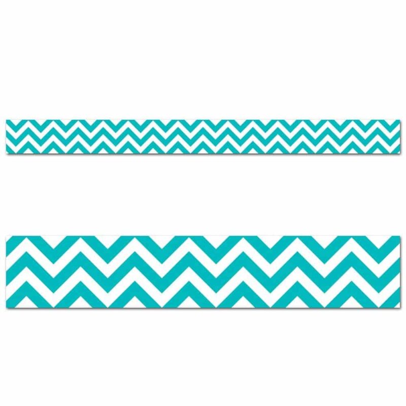 Creative teaching press get inspired with chevron! Add eye-catching flair to bulletin boards, doors, and common areas with this modern design! The bright color and modern design of this turquoise chevron border will be a fun trim on any bulletin board or classroom display. 35 feet per package width 3"