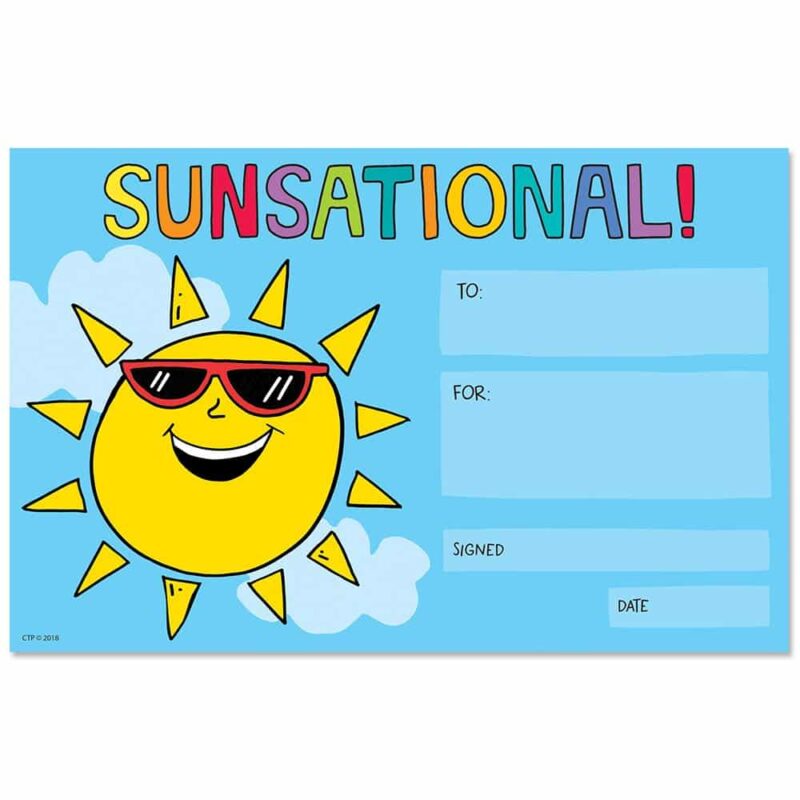 Creative teaching press this so much pun! Sunsational! Award features a cheerful sun and an inspiring message that students will love.   this colorful student award is the perfect certificate for children in a wide range of age or grade levels.   use this reward certificate for recognizing outstanding behavior, super effort, or positive attitude.   awards are easy to customize for each student and special occasion.   so much pun! Is a décor collection that highlights the humorous use of words and phrases that are alike or nearly alike in sound but different in meaning.   the smp collection uses wordplay to bring a fun and lighthearted vibe to the classroom that students and teachers will love. Bonus: awards are printed on sturdy paper stock so they can be enjoyed for years to come.   
30 colorful awards per package
5 1/2" x 8 1/2" 
coordinates with so much pun! Products.